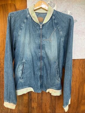 Breadline Men's Denim Bomber Jacket in Washed Indigo Medium